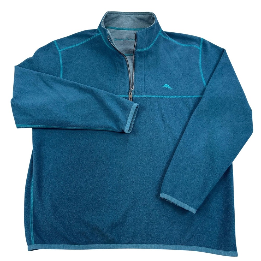 Tommy Bahama Sweater Mens XL Blue Reversible Fleece 1/4 Zip Mock Neck Pullover
